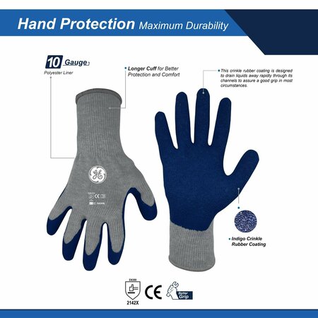 Ge Crinkle Dipped Gloves, 10 GA, Blue/Gray, 1 Pair, L GG209LC